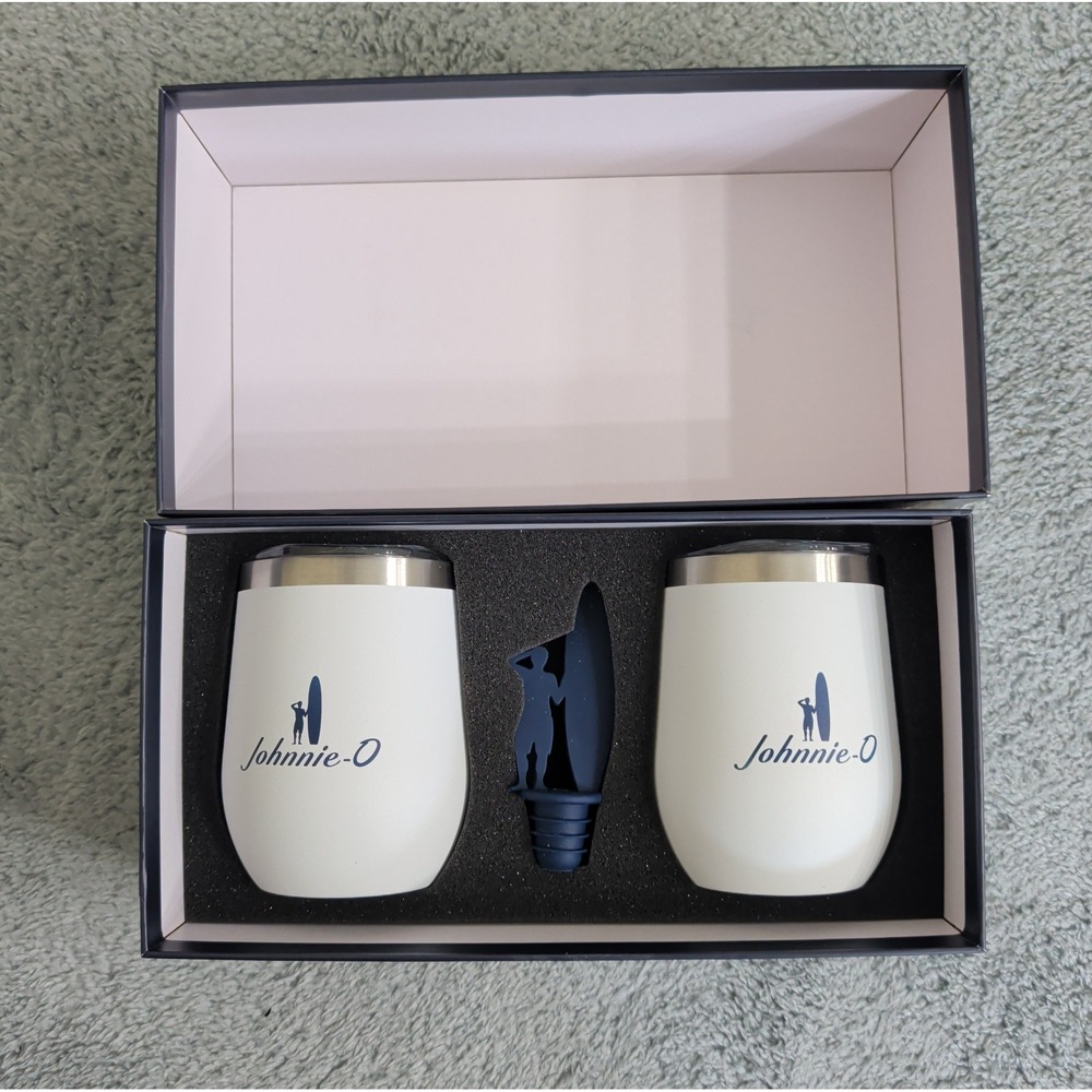 Johnnie O White Wine Set With Stopper And 2 Stainless Steel Wine Tumbler NIB